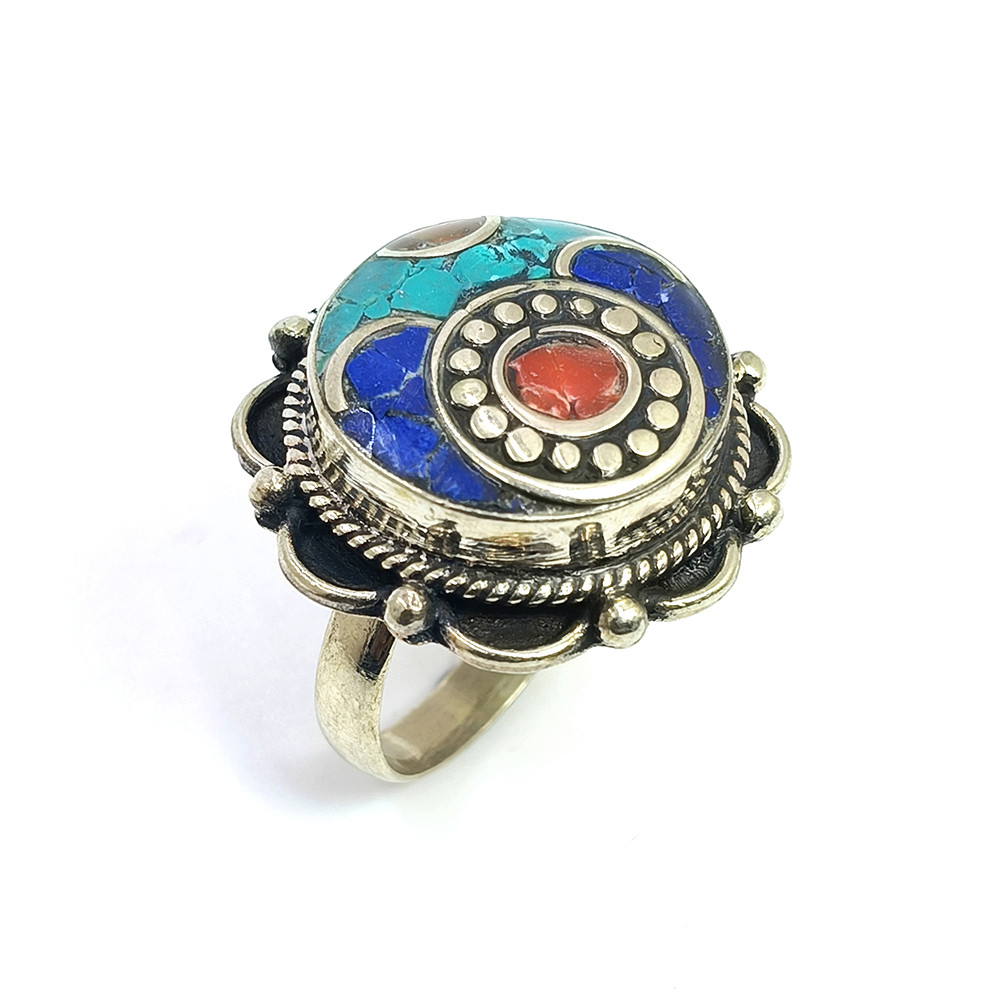 Tibetan Silver Ring Turquoise Coral Gemstone Fashion Ring Size US 105 Adjustable