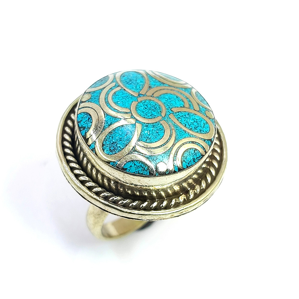 Tibetan Silver Ring Turquoise Gemstone Fashion Ring Size US 7 Adjustable