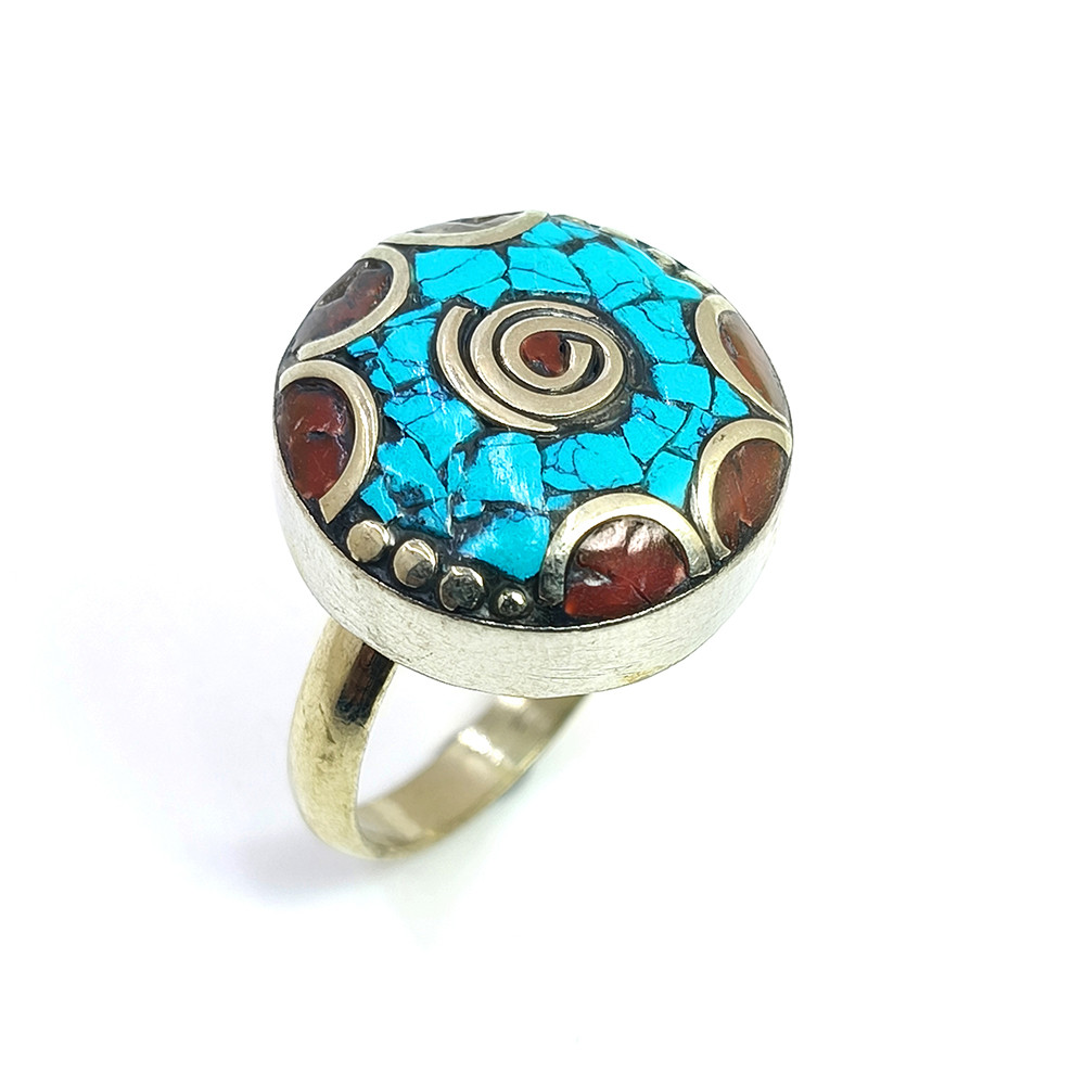 Tibetan Silver Ring Turquoise Coral Gemstone Fashion Adjustable Ring