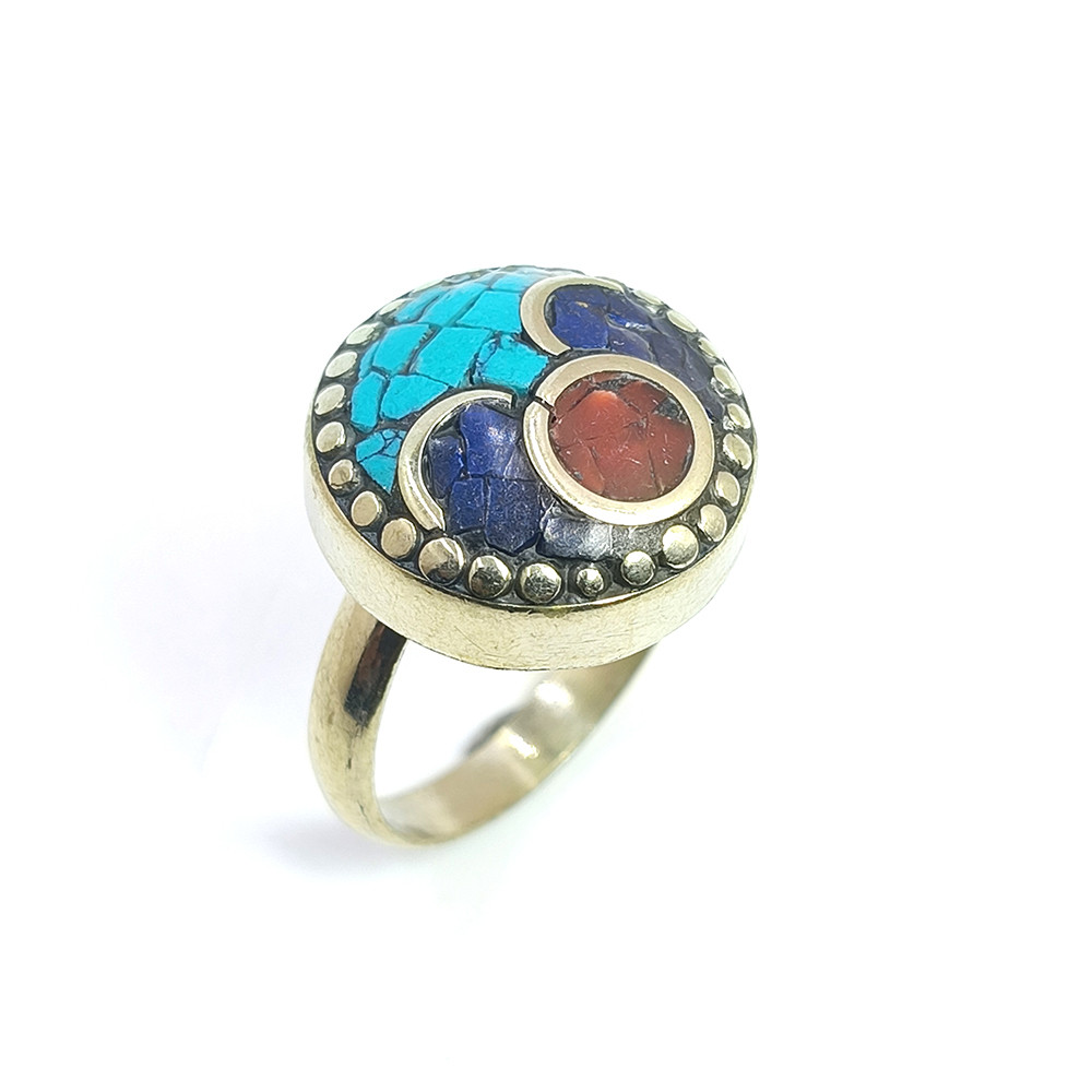 Image of Tibetan Silver Ring Turquoise Coral Gemstone Fashion Ring Size US 8.5 Adjustable