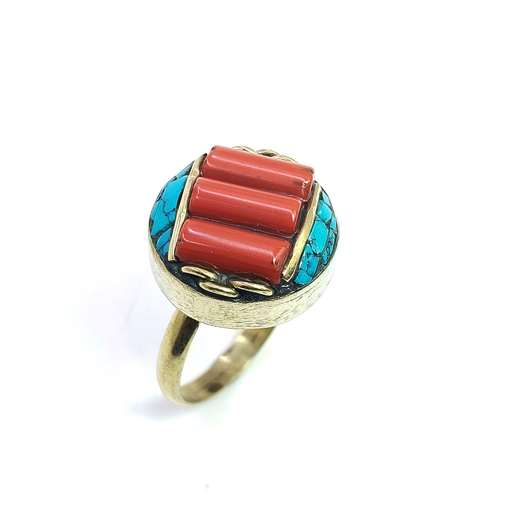 Image of Tibetan Silver Ring Turquoise Coral Gemstone Fashion Ring Size US 6.5 Adjustable