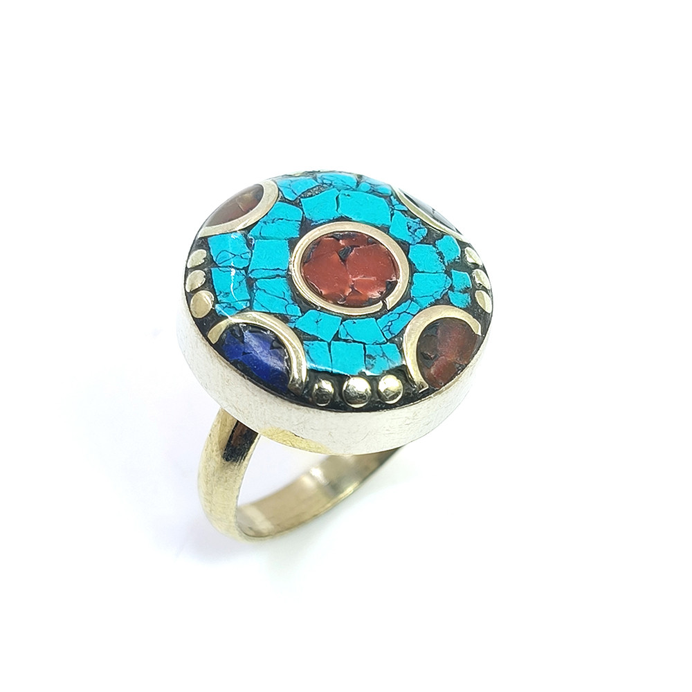 Tibetan Silver Ring Turquoise Coral Gemstone Fashion Ring Size US 8 Adjustable