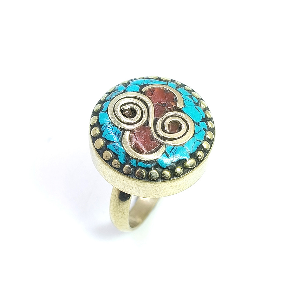 Tibetan Silver Ring Turquoise Coral Gemstone Fashion Ring Size US 8 Adjustable