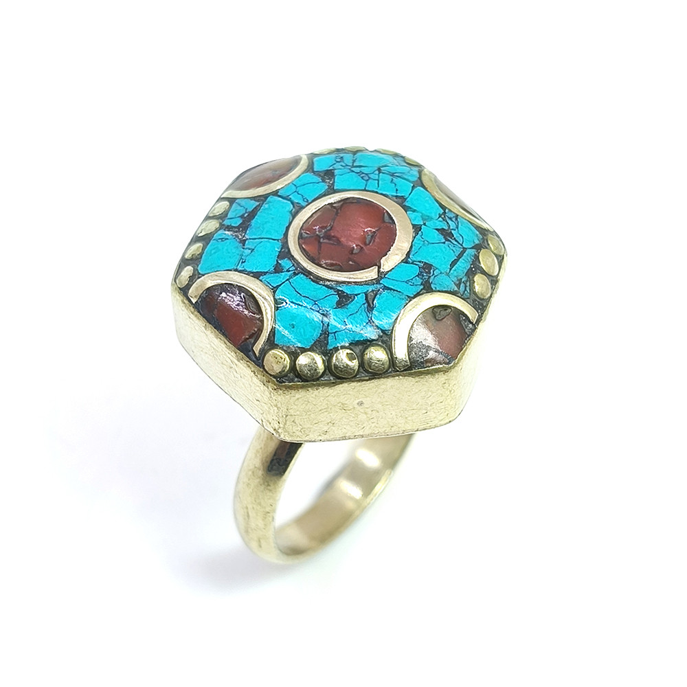 Tibetan Silver Ring Turquoise Coral Gemstone Fashion Ring Size US 9 Adjustable