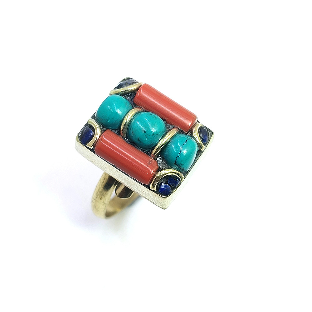 Tibetan Silver Ring Turquoise Coral Gemstone Fashion Ring Size US 65 Adjustable