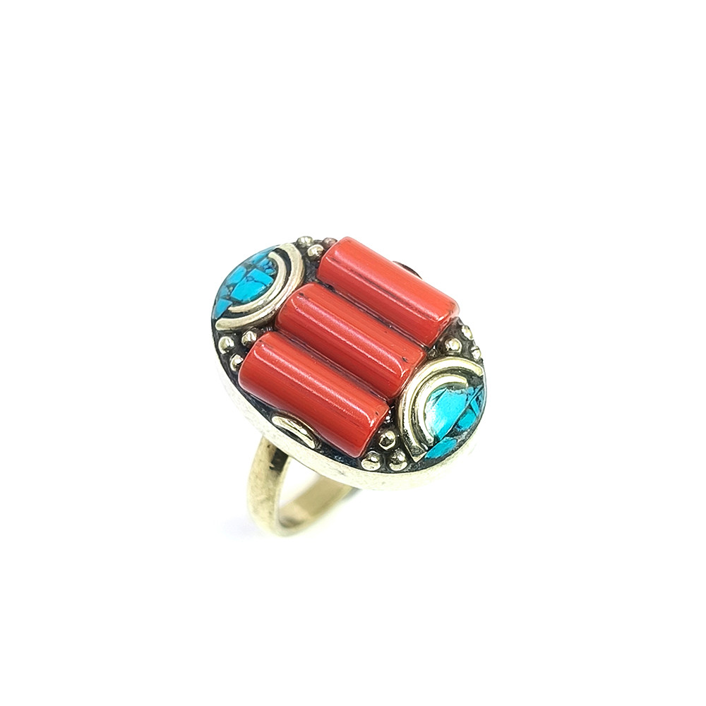 Tibetan Silver Ring Turquoise Coral Gemstone Fashion Ring Size US 6 Adjustable