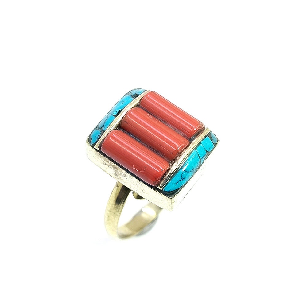 Image of Tibetan Silver Ring Turquoise Coral Gemstone Fashion Adjustable Ring