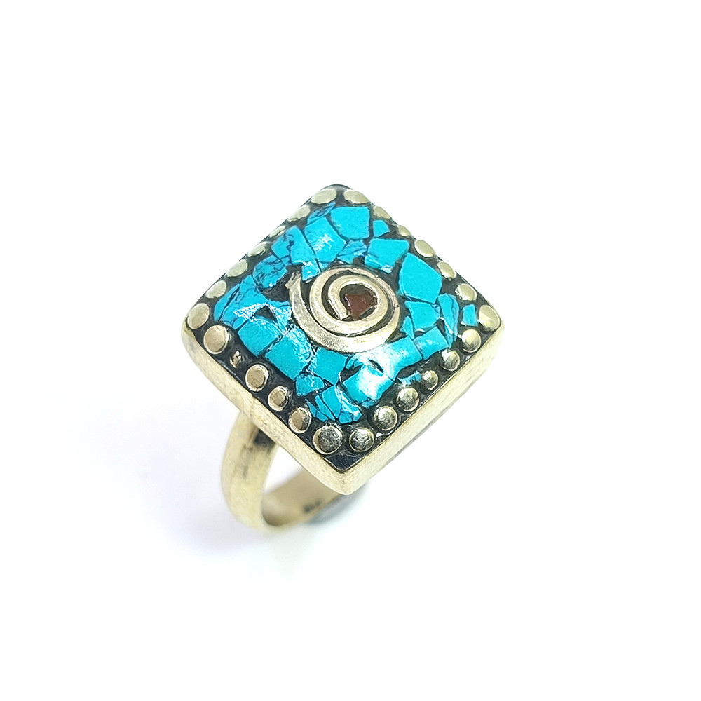 Tibetan Silver Ring Turquoise Coral Gemstone Fashion Ring Size US 8 Adjustable