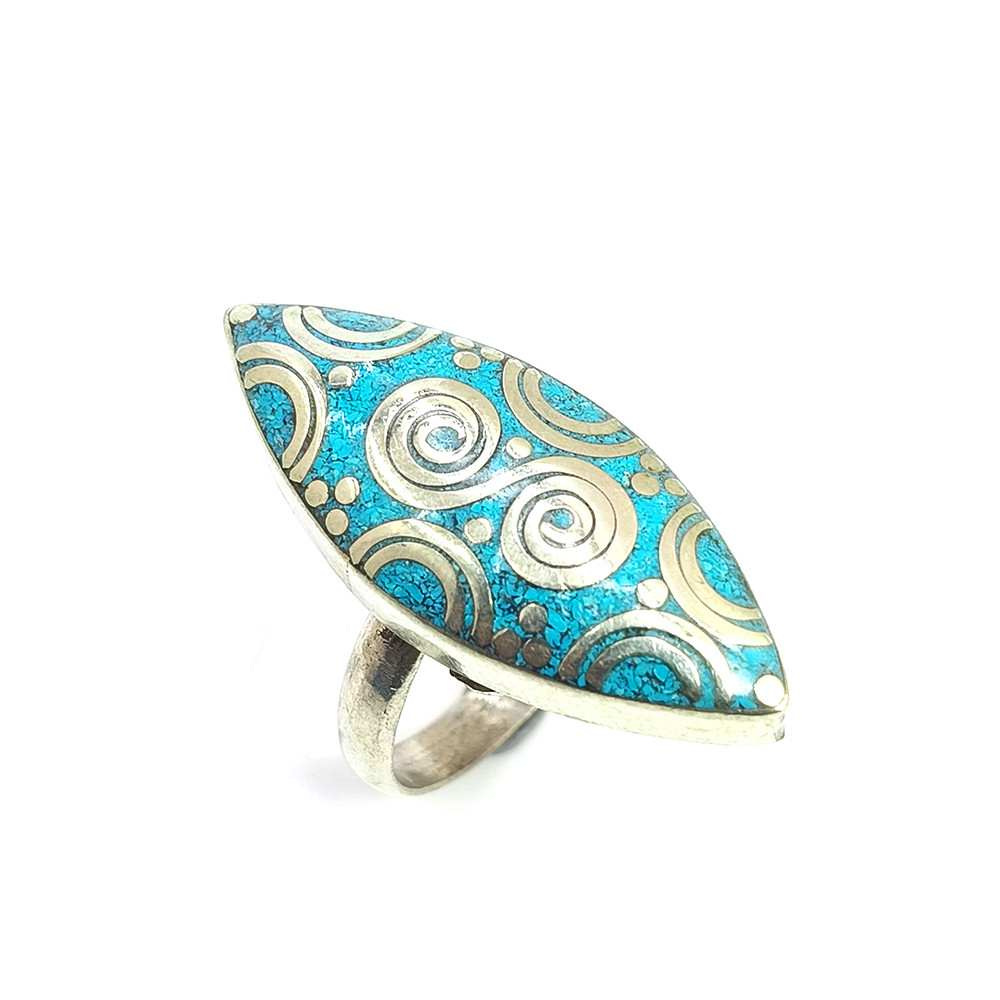 Tibetan Silver Ring Turquoise Gemstone Fashion Ring Size US 7 Adjustable