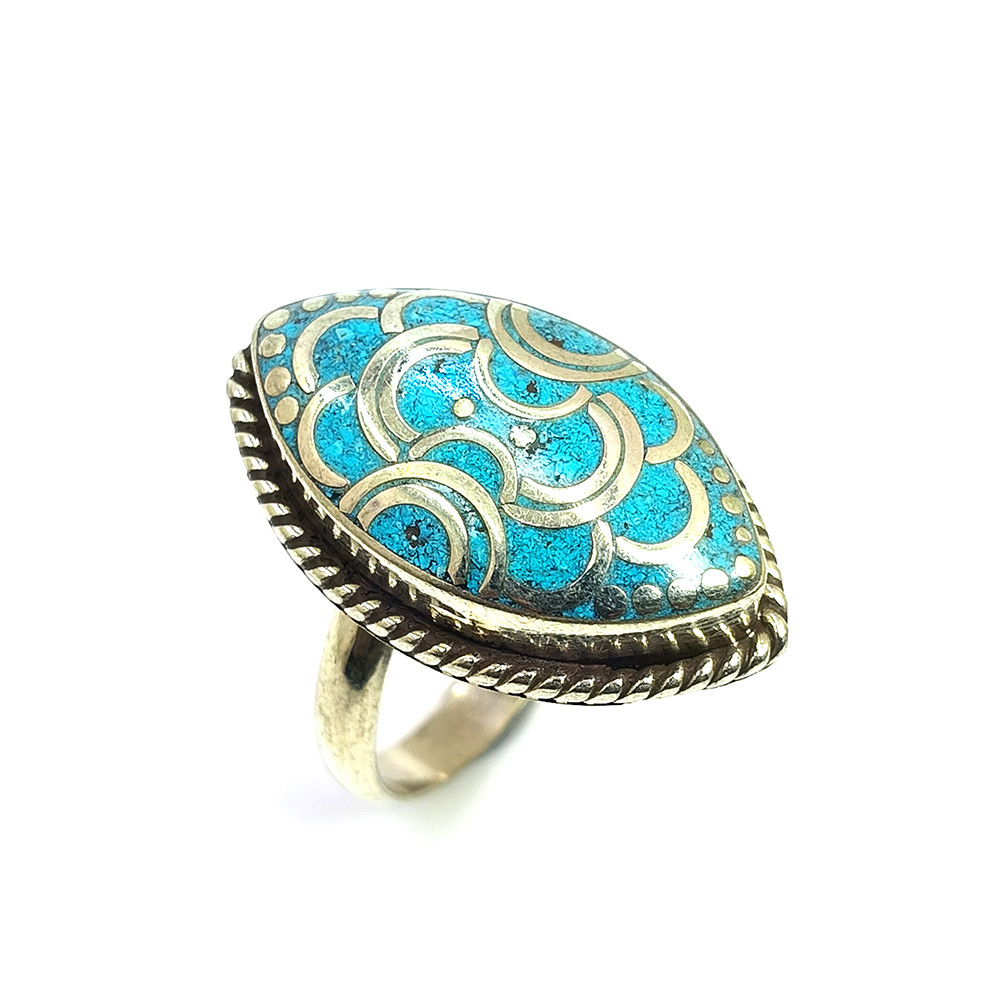 Image of Tibetan Silver Ring Turquoise Gemstone Fashion Ring Size US 8.5 Adjustable