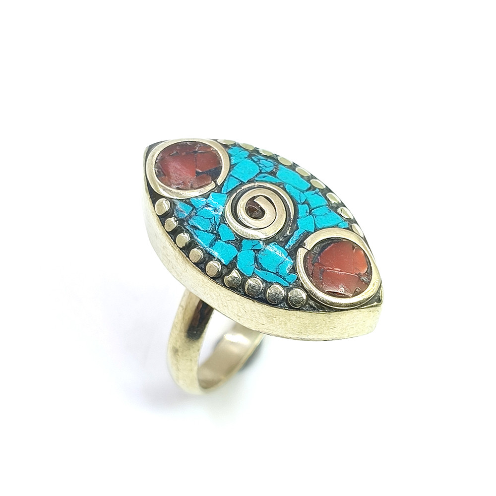 Tibetan Silver Ring Turquoise Coral Gemstone Fashion Ring Size US 8 Adjustable