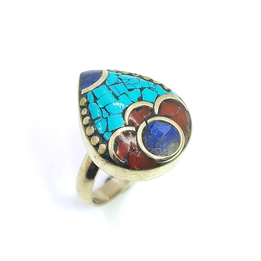 Image of Tibetan Silver Ring Turquoise Coral Gemstone Fashion Ring Size US 8.5 Adjustable