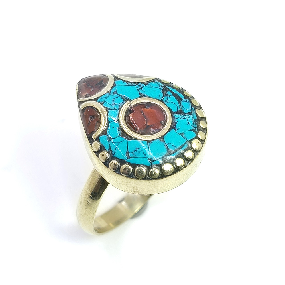Image of Tibetan Silver Ring Turquoise Coral Gemstone Fashion Ring Size US 6.5 Adjustable