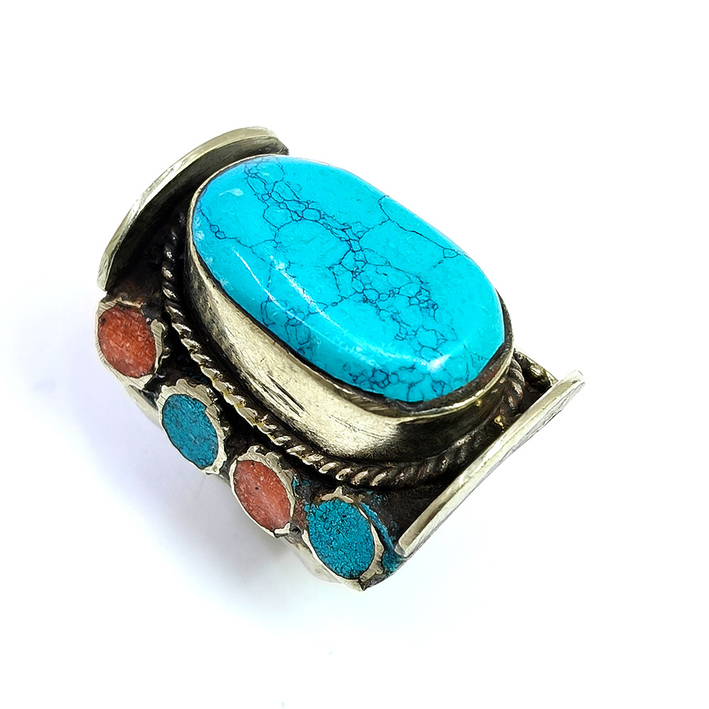 Tibetan Silver Ring Turquoise Coral Gemstone Fashion Ring Size US 105