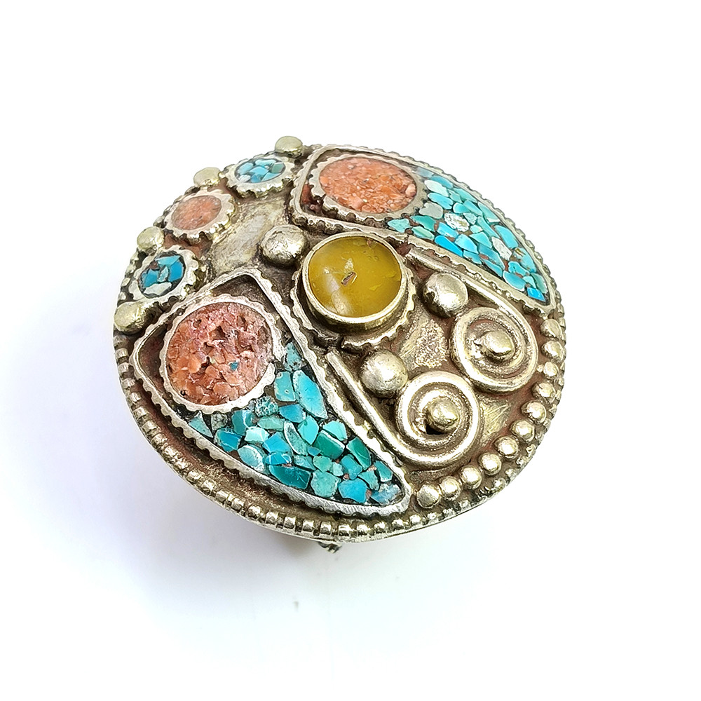 Tibetan Silver Ring Turquoise Coral Gemstone Fashion Ring Size US 9 Adjustable