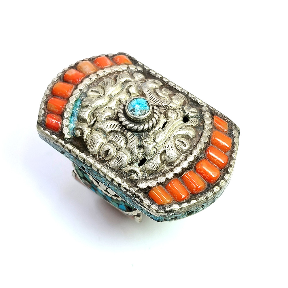 Tibetan Silver Ring Turquoise Coral Gemstone Fashion Ring Adjustable