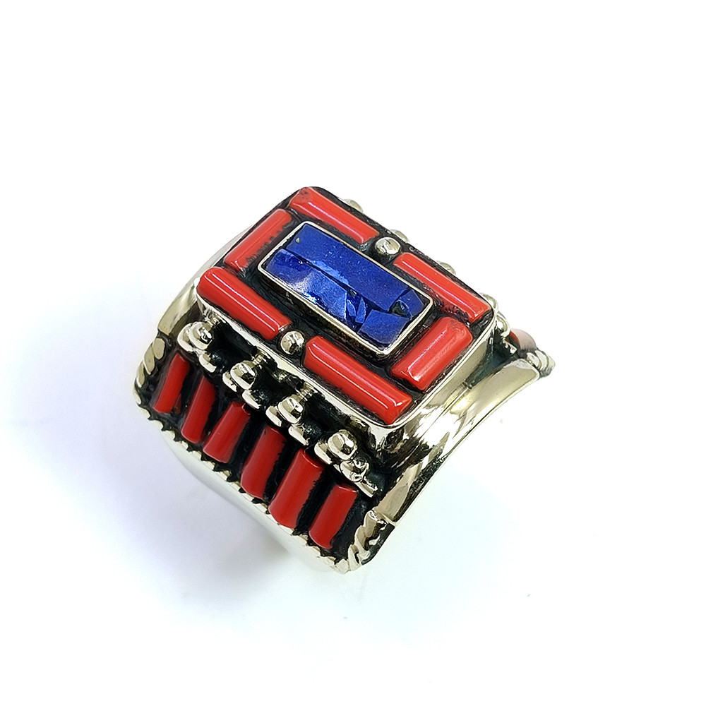 Tibetan Silver Ring Coral Lapis Gemstone Fashion Ring