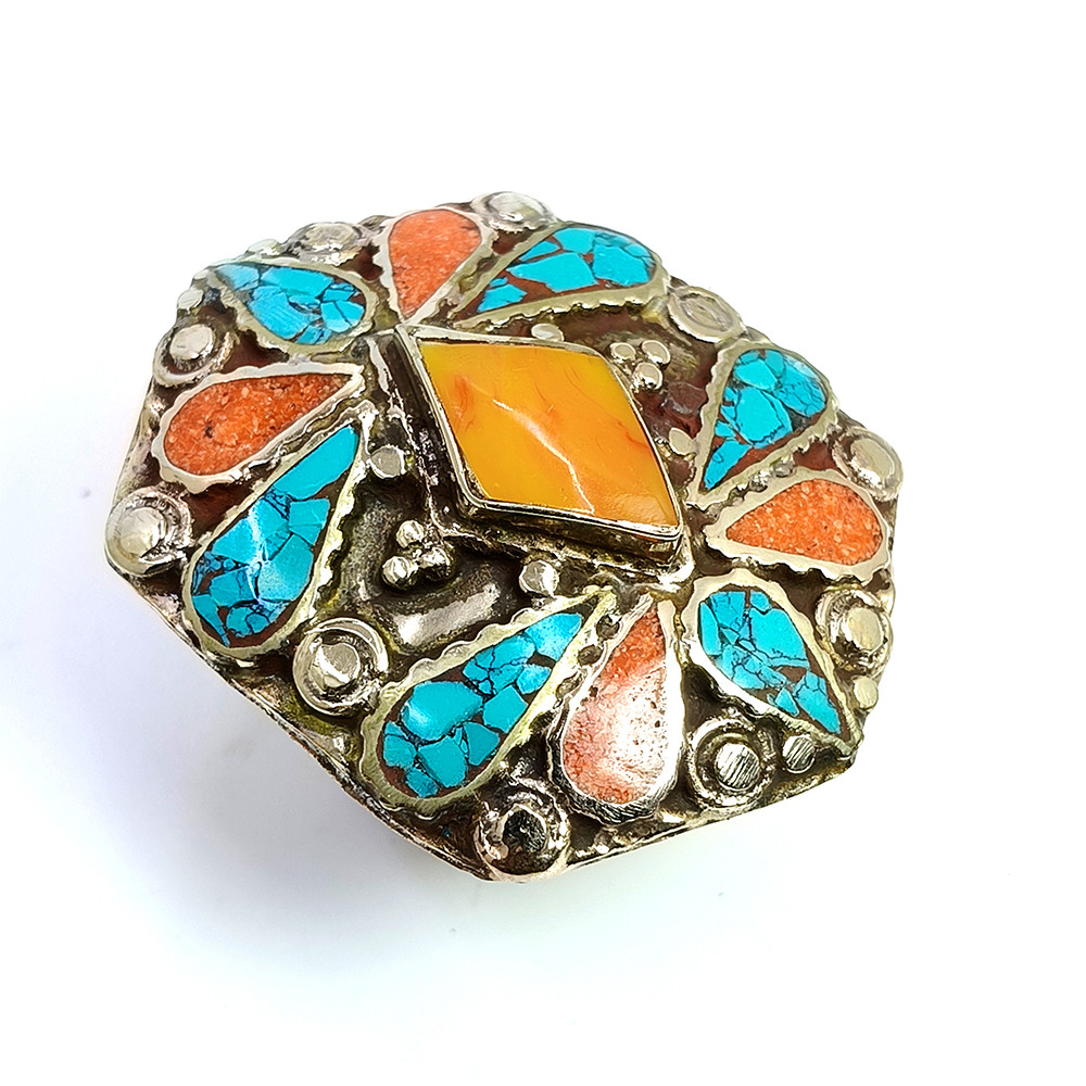 Tibetan Silver Ring Turquoise Coral Gemstone Fashion Ring Size US 8 Adjustable