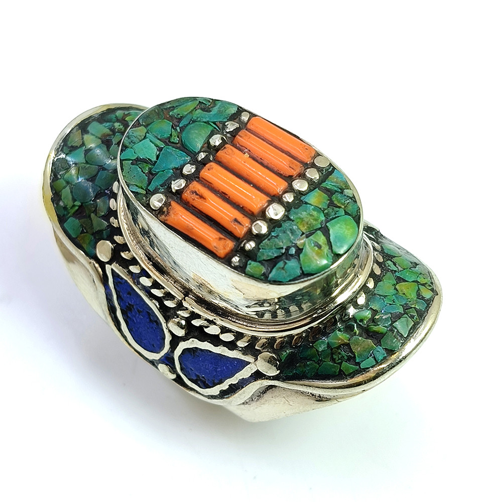 Image of Tibetan Silver Ring Turquoise Coral Gemstone Fashion Ring Size US 10