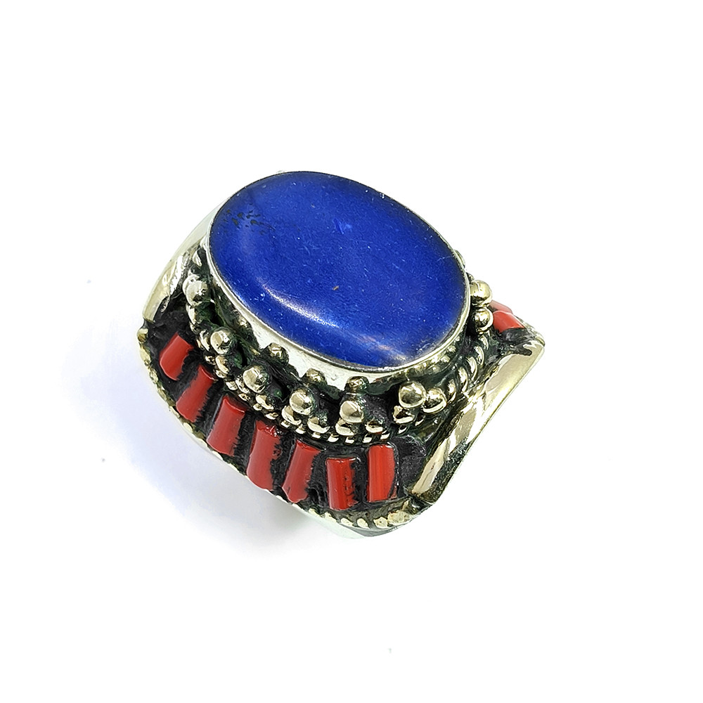 Tibetan Silver Ring Lapis Coral Gemstone Fashion Ring Size US 12