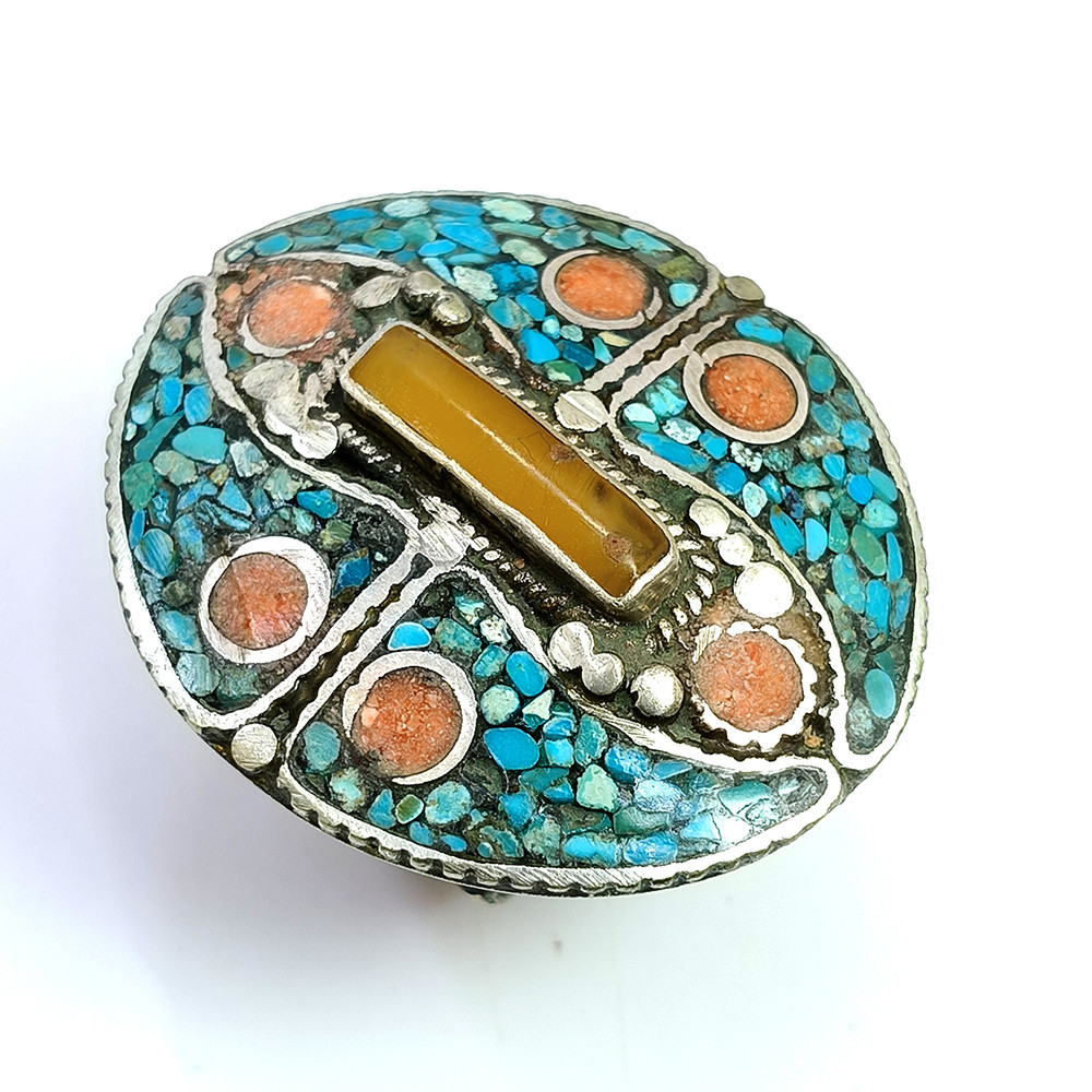 Tibetan Silver Ring Turquoise Coral Gemstone Fashion Ring Size US 9 Adjustable