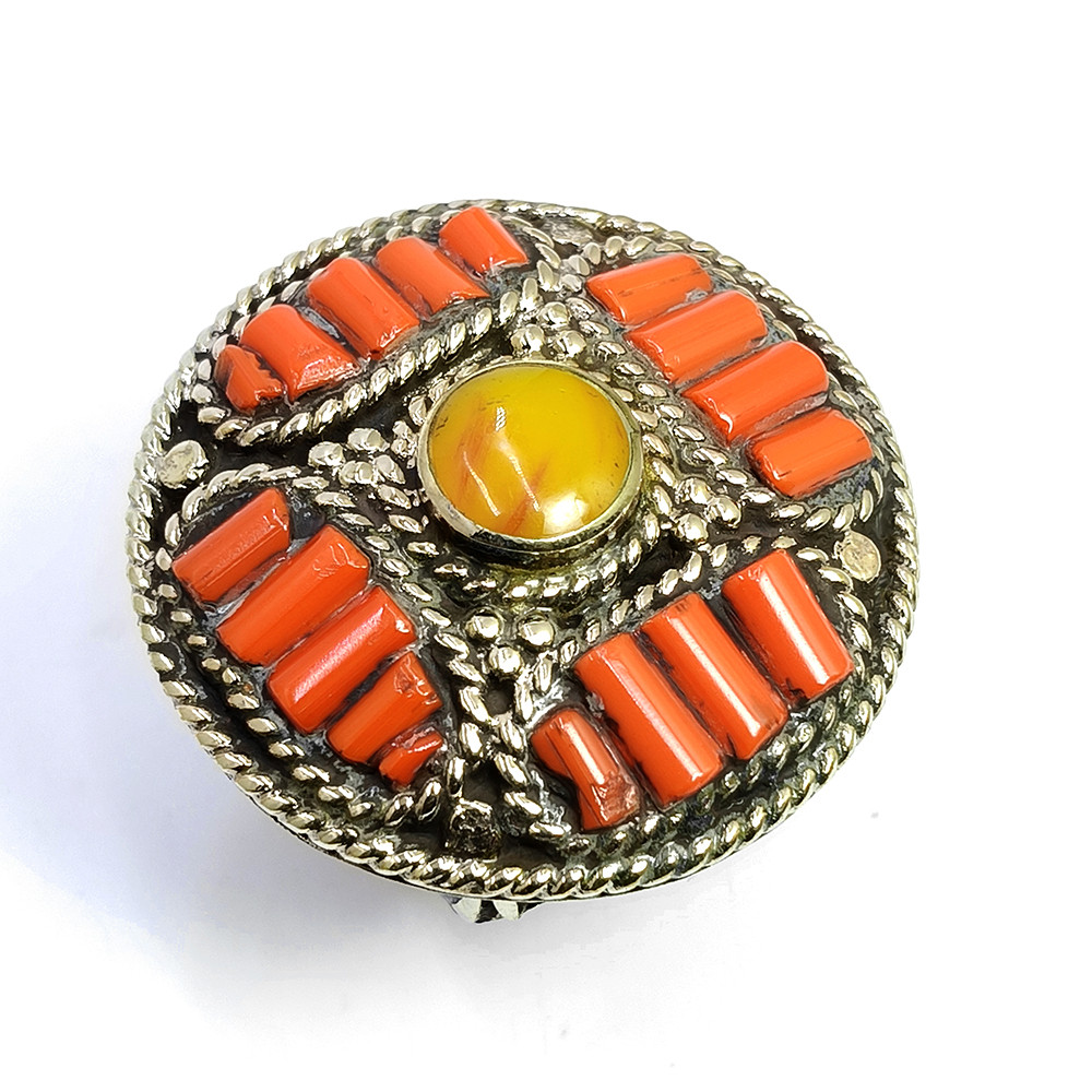 Tibetan Silver Ring Coral Gemstone Fashion Ring Size US 9 Adjustable