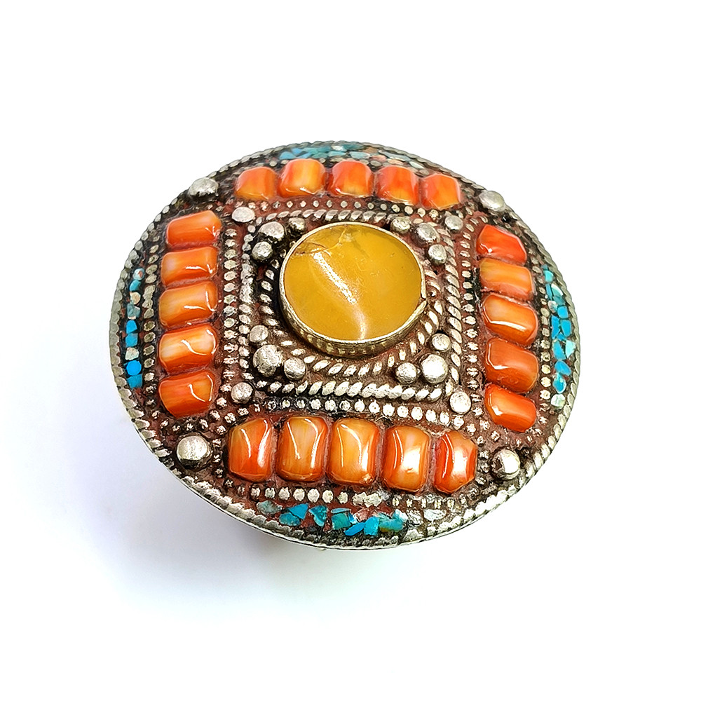 Tibetan Silver Ring Turquoise Coral Gemstone Fashion Ring Size US 8 Adjustable