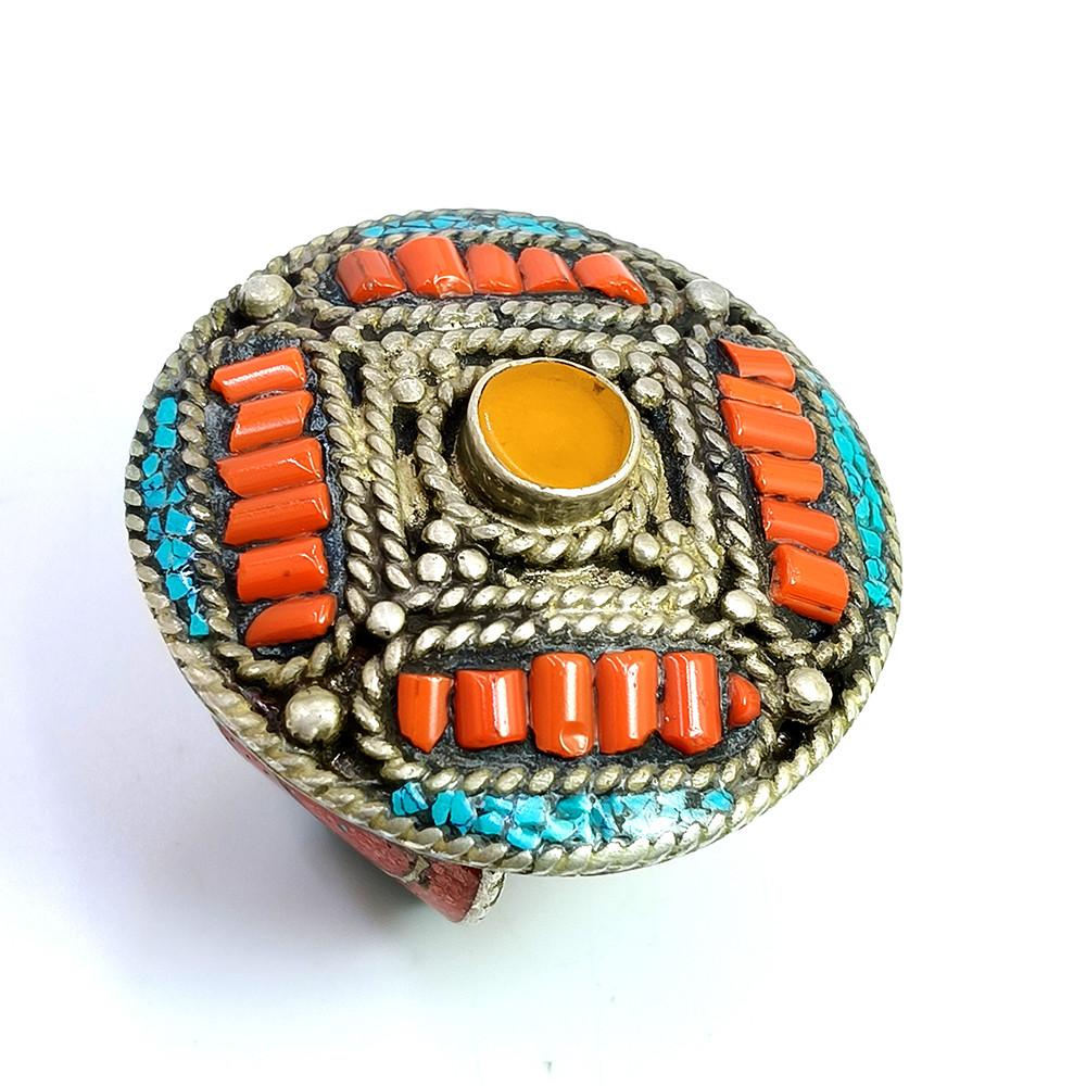 Tibetan Silver Ring Turquoise Coral Gemstone Fashion Ring Size US 11 Adjustable
