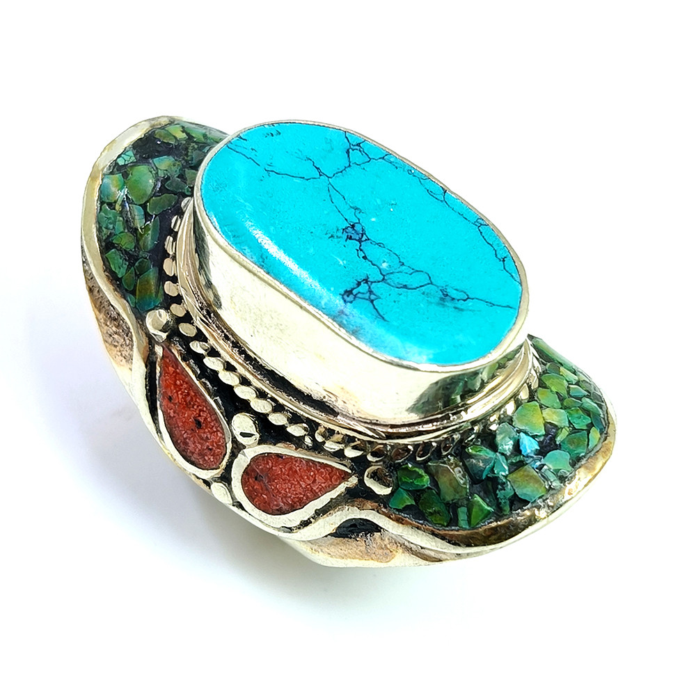 Image of Tibetan Silver Ring Turquoise Coral Gemstone Fashion Ring Size US 9.5