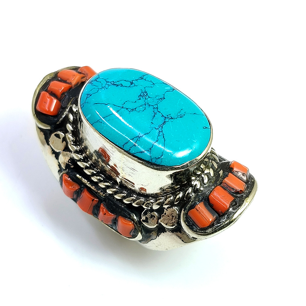 Tibetan Silver Ring Turquoise Coral Gemstone Fashion Ring Size US 75