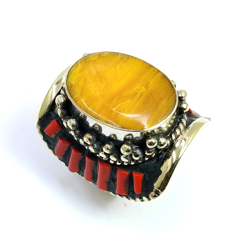 Tibetan Silver Ring Coral Gemstone Fashion Ring Size US 95