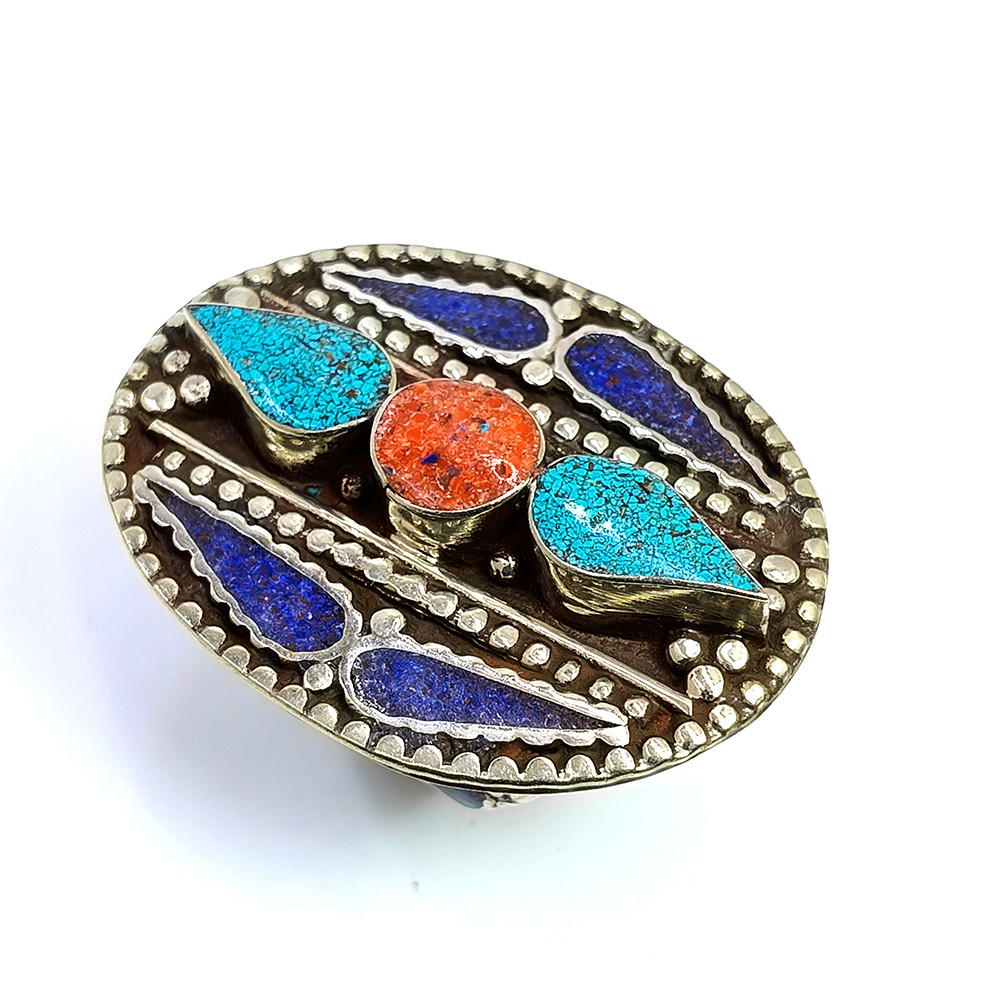 Tibetan Silver Ring Turquoise Coral Gemstone Fashion Ring Size US 8 Adjustable