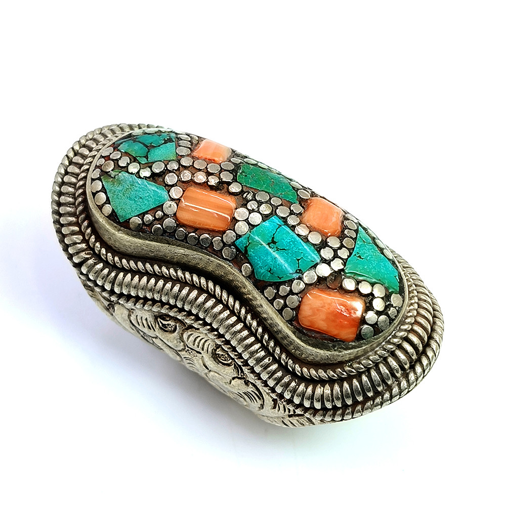 Tibetan Silver Ring Turquoise Coral Gemstone Fashion Ring Size US 9