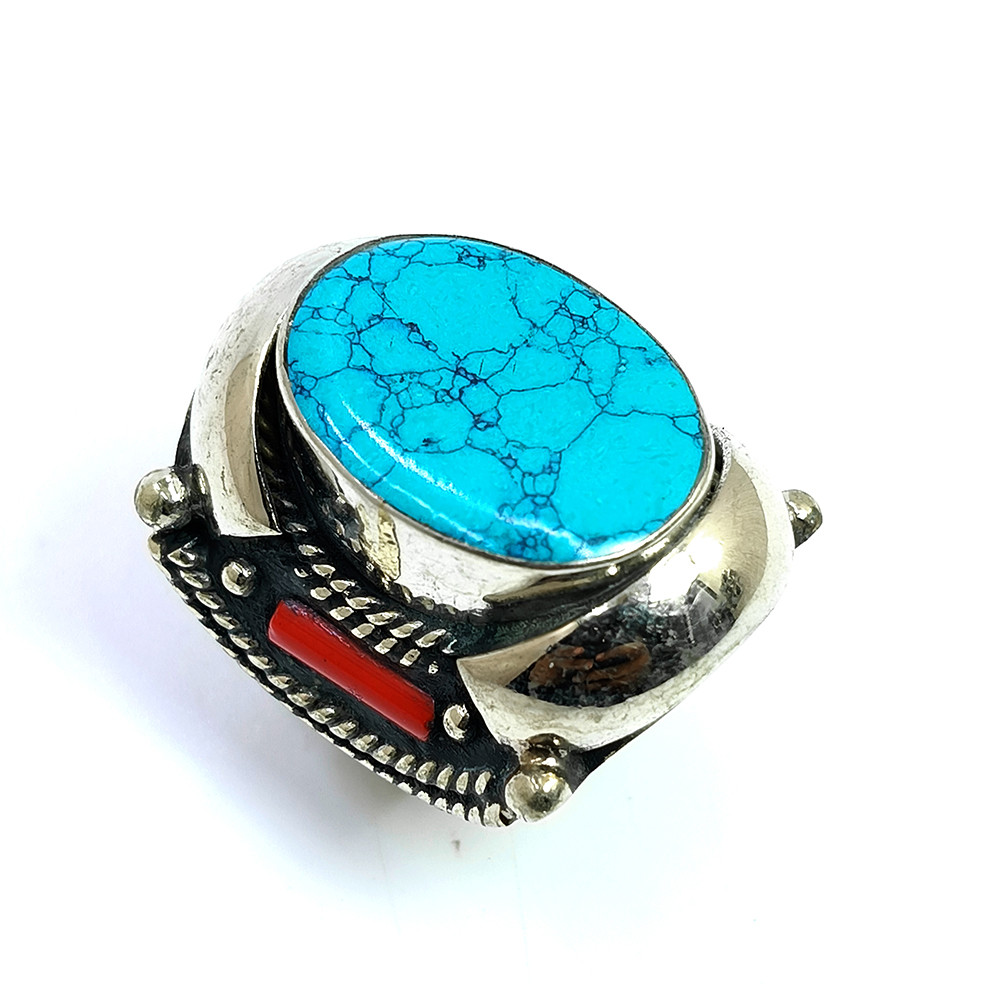 Image of Tibetan Silver Ring Turquoise Coral Gemstone Fashion Ring Size US 8.5