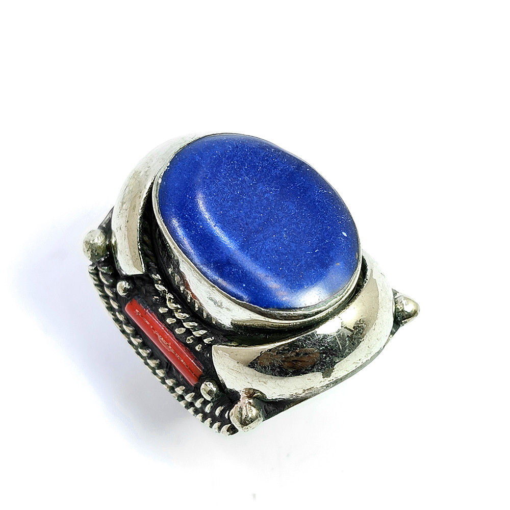 Tibetan Silver Ring Lapis Coral Gemstone Fashion Ring Size US 9