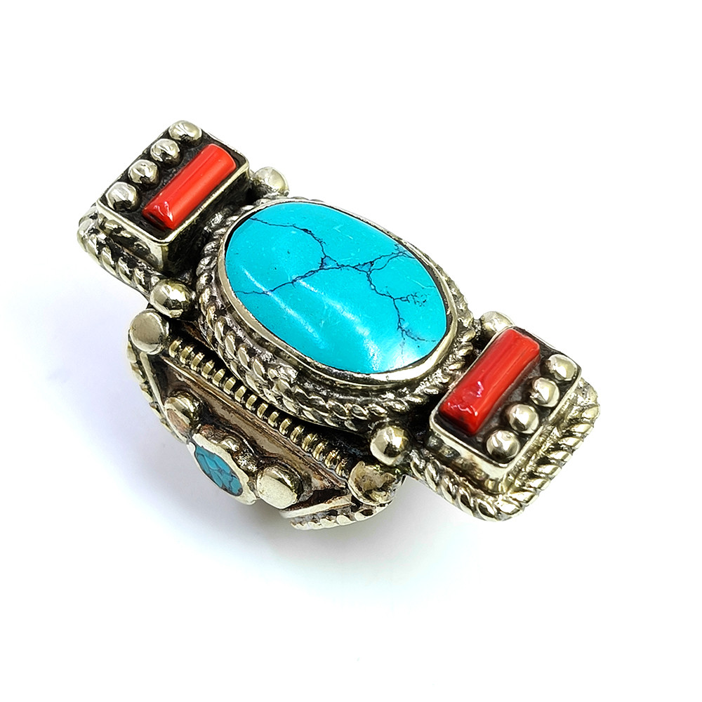 Image of Tibetan Silver Ring Turquoise Coral Gemstone Fashion Ring