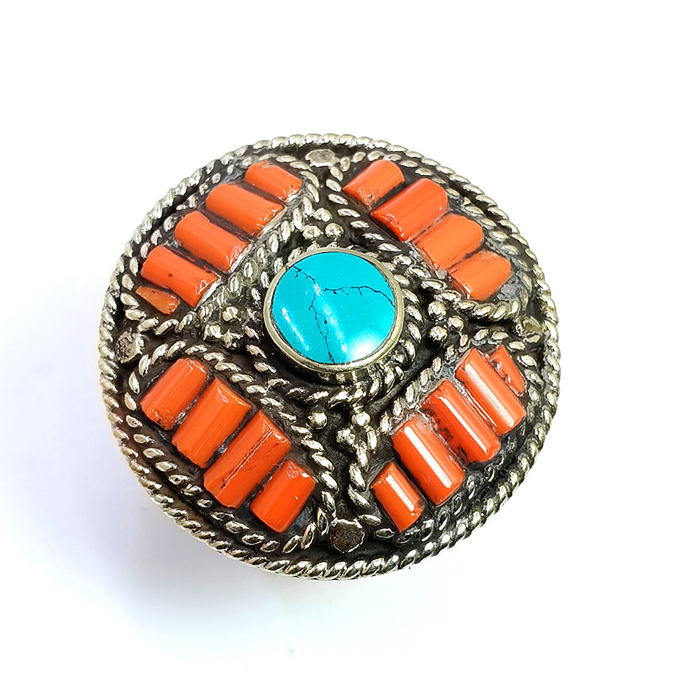 Image of Tibetan Silver Ring Turquoise Coral Gemstone Fashion Ring Size US 9.5 Adjustable