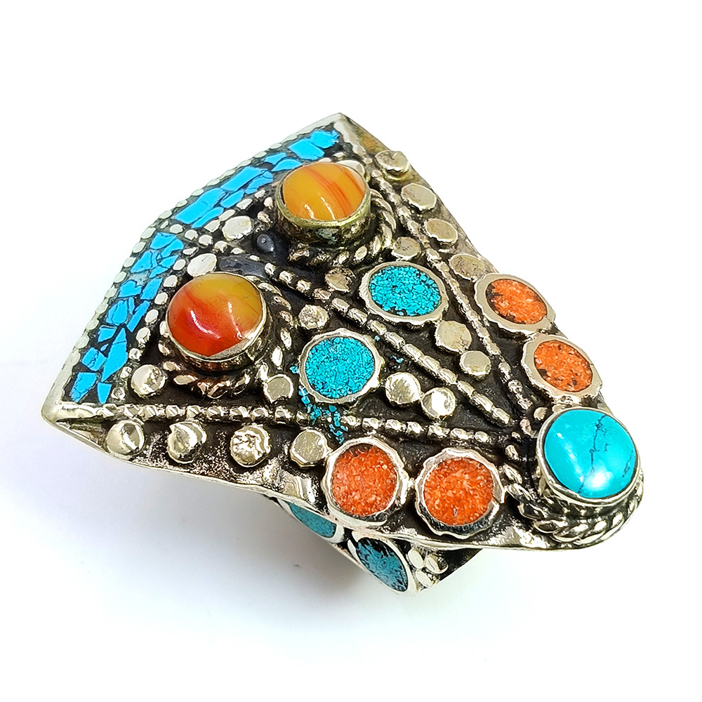 Tibetan Silver Ring Turquoise Coral Gemstone Fashion Ring Size US 95 Adjustable