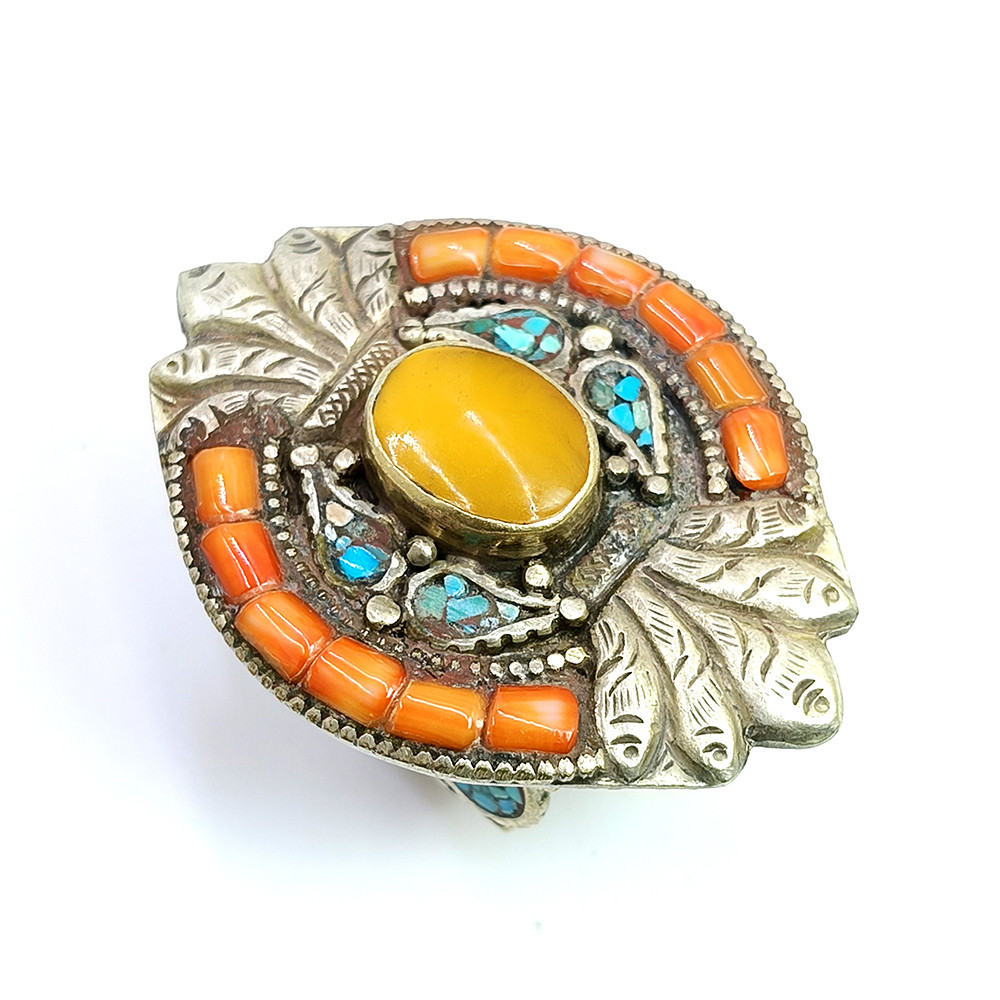 Tibetan Silver Ring Turquoise Coral Gemstone Fashion Ring Size US 9 Adjustable