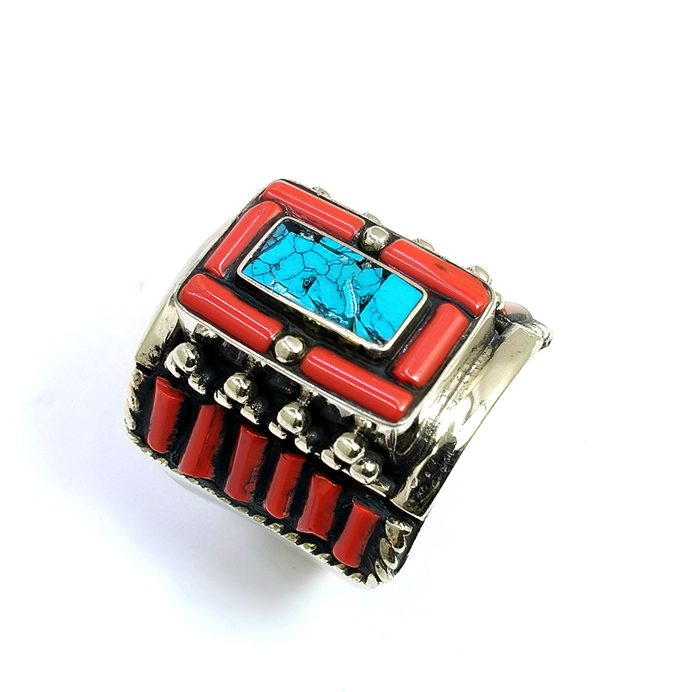 Tibetan Silver Ring Turquoise Coral Gemstone Fashion Ring