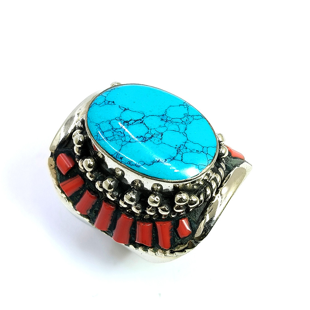 Tibetan Silver Ring Turquoise Coral Gemstone Fashion Ring