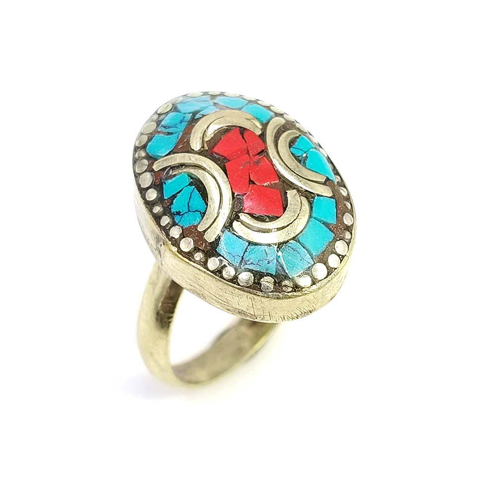 Image of Tibetan Silver Ring Turquoise Coral Gemstone Fashion Ring Size US 7.5 Adjustable