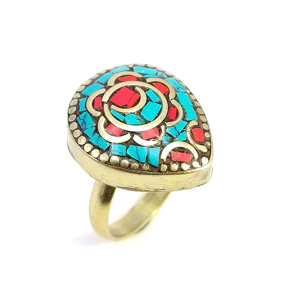 Image of Tibetan Silver Ring Turquoise Coral Gemstone Fashion Ring Size US 8