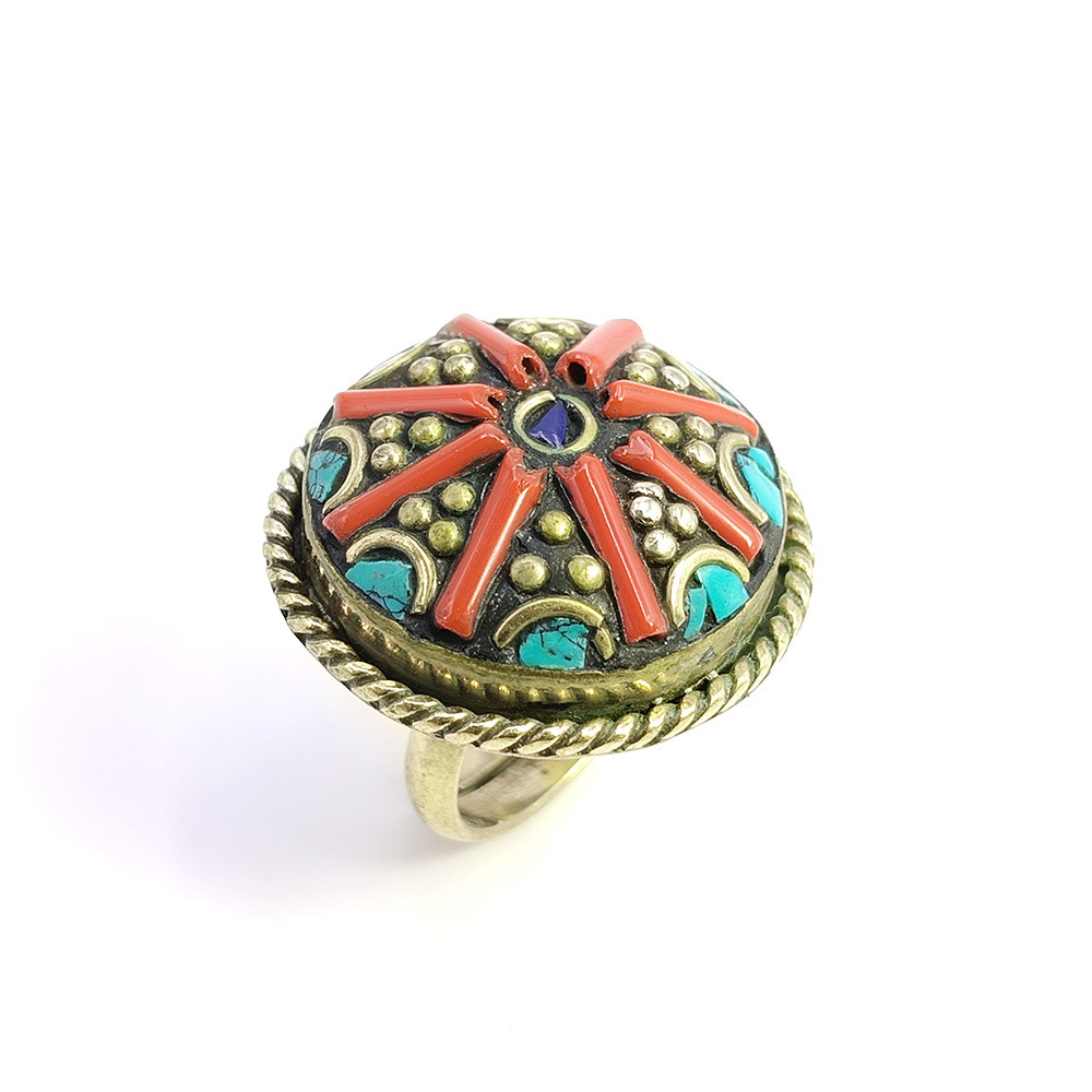 Tibetan Silver Ring Turquoise Coral Gemstone Fashion Ring Size US 6 Adjustable