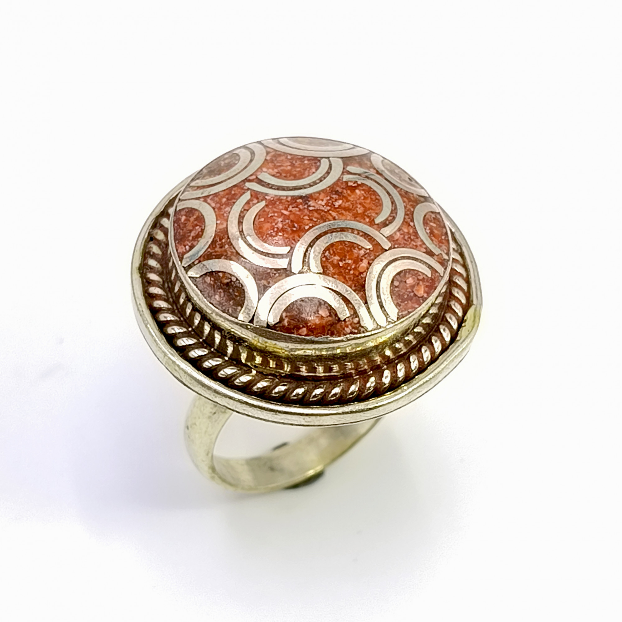 Tibetan Silver Ring Coral Gemstone Fashion Ring Size US 75 Adjustable