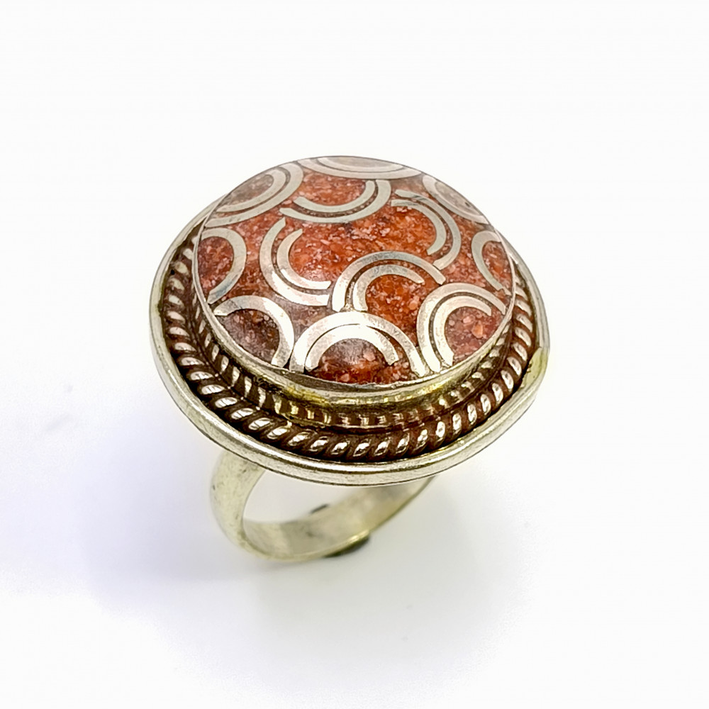 Image of Tibetan Silver Ring Coral Gemstone Fashion Ring Size US 7.5 Adjustable