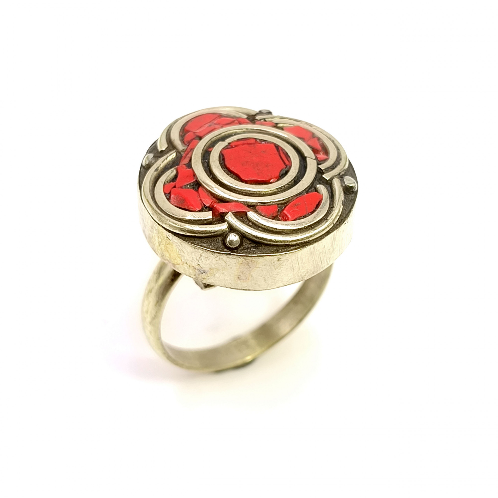 Tibetan Silver Ring Coral Gemstone Fashion Ring Size US 6 Adjustable
