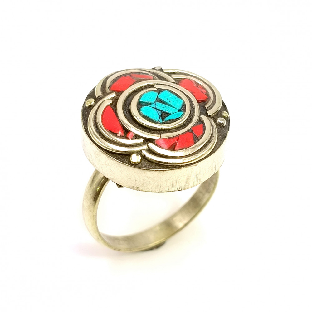 Image of Tibetan Silver Ring Turquoise Coral Gemstone Fashion Ring Size US 6 Adjustable