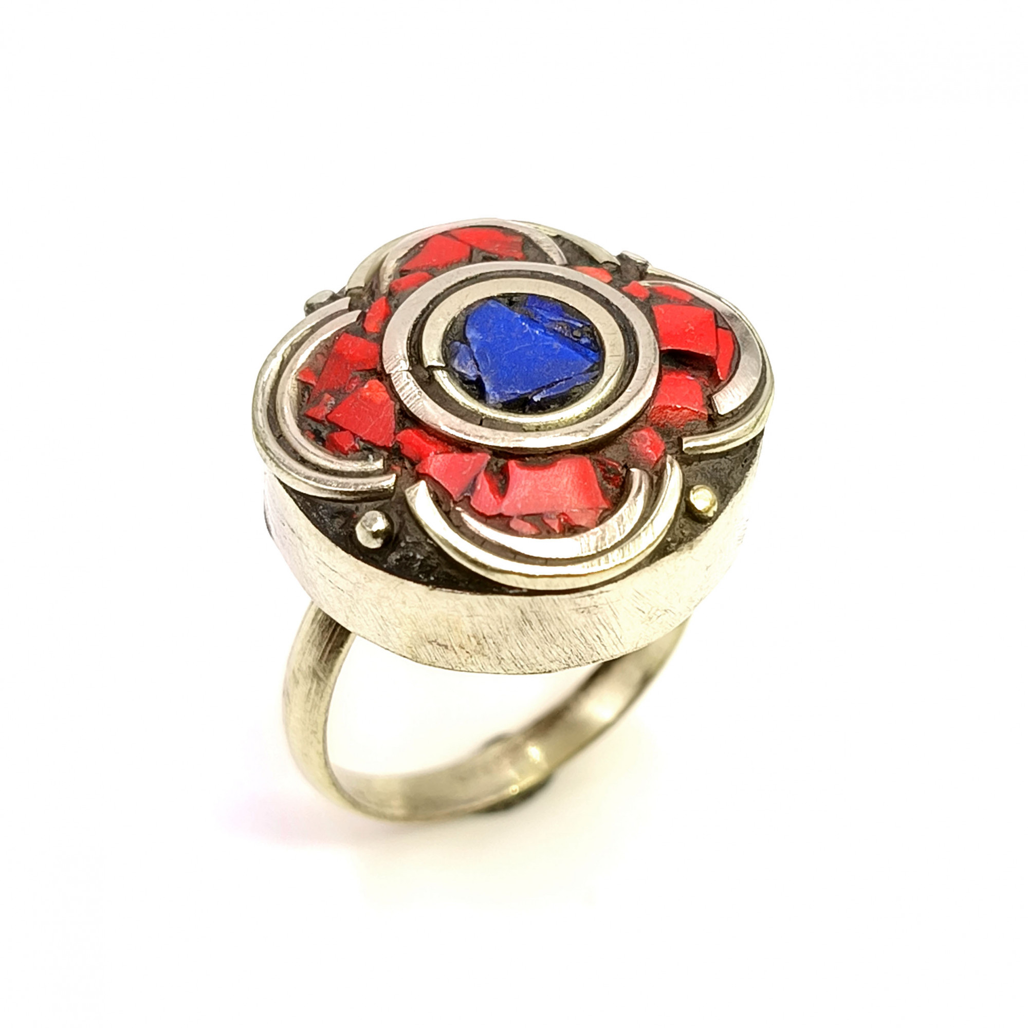 Tibetan Silver Ring Lapis Coral Gemstone Fashion Ring Size US 65 Adjustable