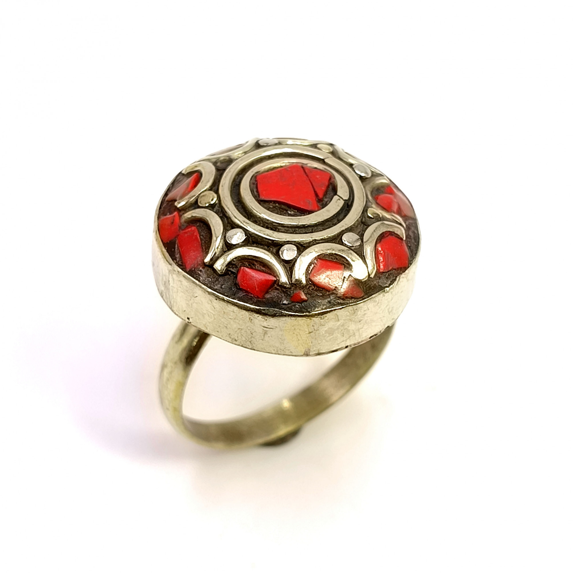 Tibetan Silver Ring Coral Gemstone Fashion Ring Size US 7 Adjustable